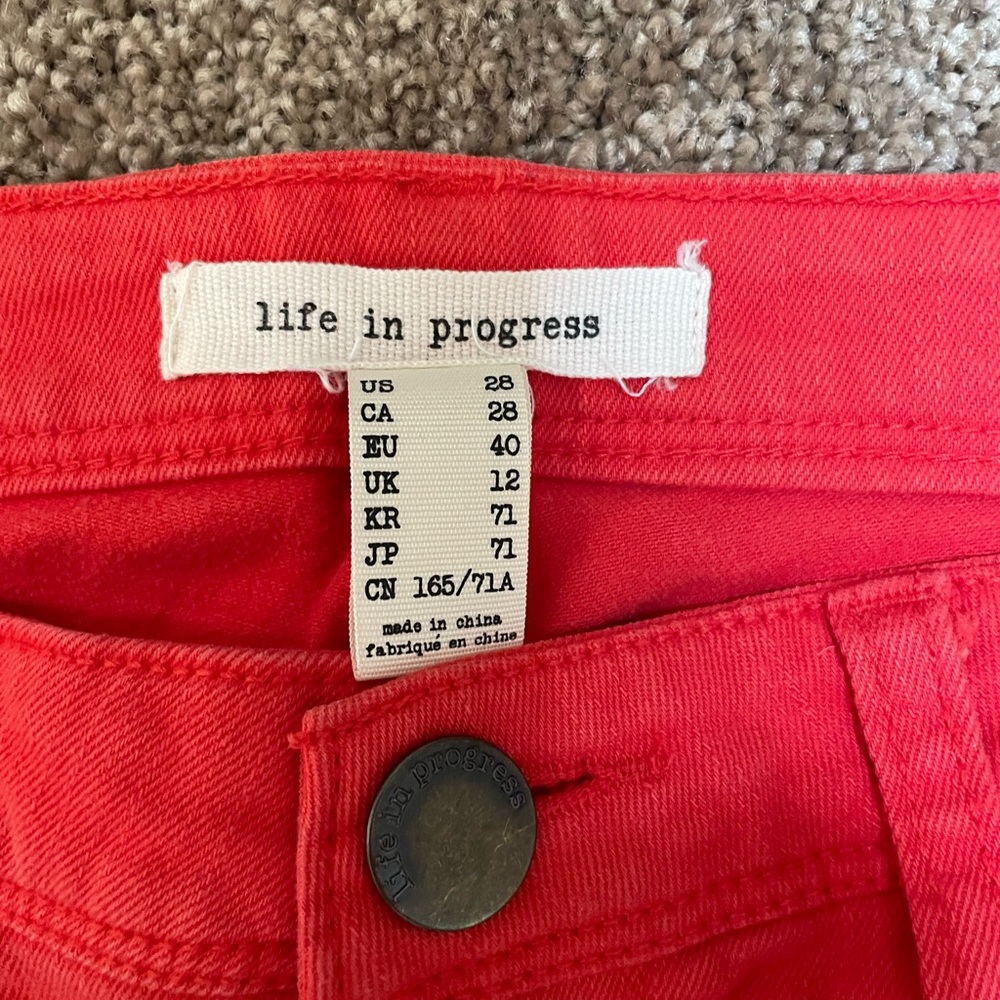 Life In Progress pants. Red w snap on bottom leg in back. Excellent condition